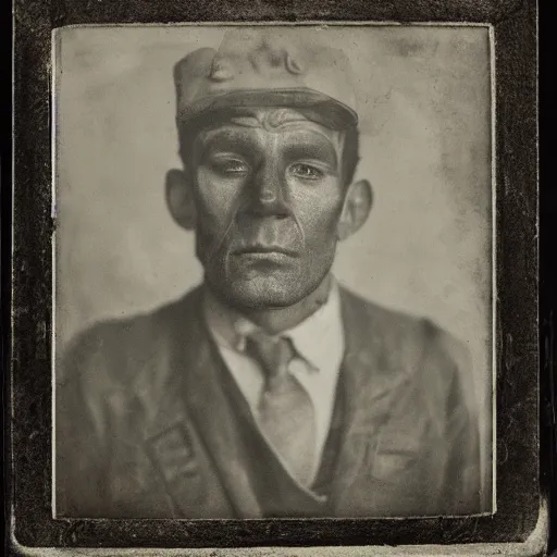 Prompt: A wet-collodion portrait of a man, who has witnessed world war 3, his eyes tell an entire story.