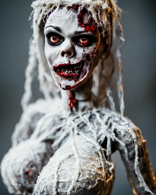 Image similar to a paper mache doll of a zombie bride, realistic, very detailed, complex, intricate, studio lighting, superres sharpening, bokeh, sigma 5 0 mm f 1. 4