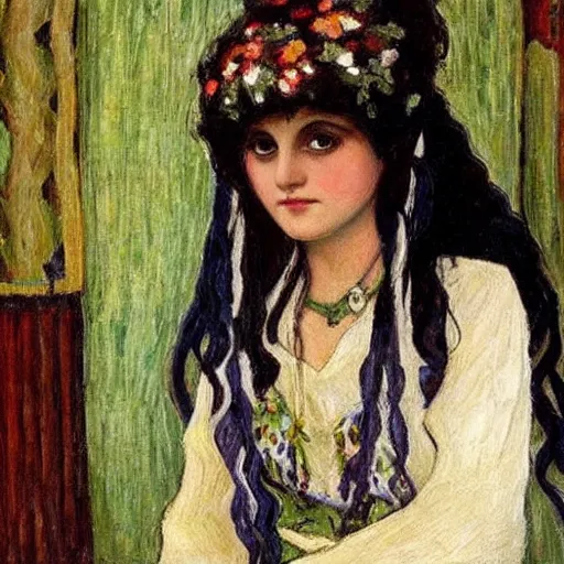 Prompt: gypsy girl, dark hair, jugendstil