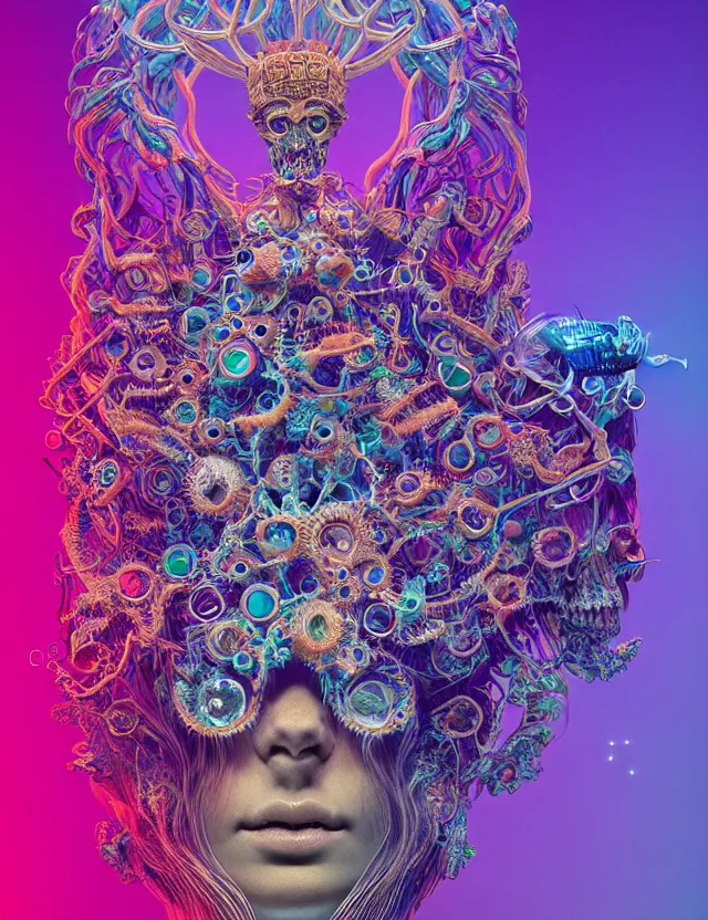 Image similar to symmetrical, centered, goddess close-up portrait wigh crown made of skulls. phoenix betta fish, phoenix, bioluminiscent creature, super intricate ornaments artwork by Tooth Wu and wlop and beeple and Dan Flavin and Daniel Buren and greg rutkowski