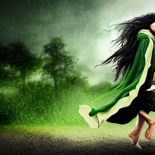 Prompt: a detailed picture of beautiful woman with black hair, wearing a green cloak, running away in a thunderstorm riding a horse at night, 4k