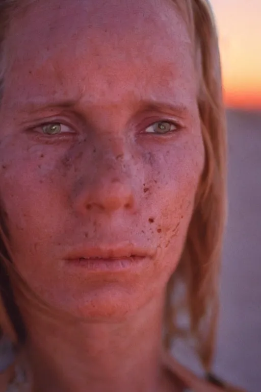 Prompt: close up portrait photography of a white woman with bright eyes standing in desert at night, 35mm, film photo, steve mccurry