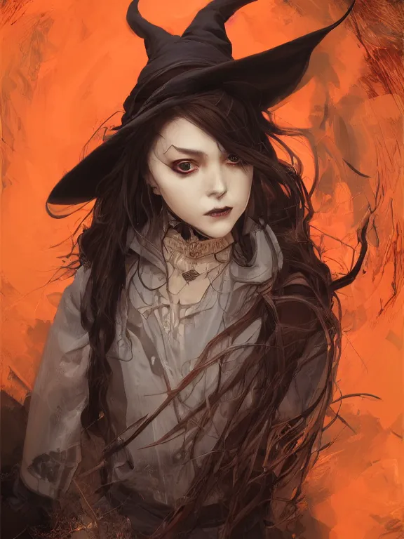 Image similar to Full shot of a mischievous young witch about to get up to some trouble. Latin American fashion. Black and Orange palette. Latina girl. brown skin. Symmetrical facial features. By Ruan Jia and Artgerm and Range Murata and WLOP. Key Art. Fantasy Illustration. award winning, Artstation, intricate details, realistic, Hyperdetailed, 8k resolution.