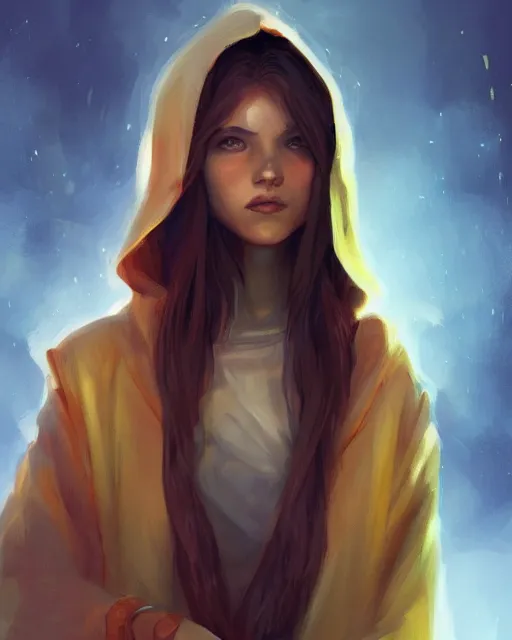 Prompt: colorful and Festive Captivating mage girl, with brown hair, a blue hoodie, serious looking, atmospheric lighting, painted, intricate, highly detailed by Charlie Bowater