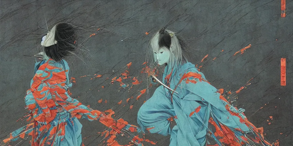 Image similar to Japanese schoolgirl runs away from Samurai with a katana on the subway, high detailed Beksinski painting, part by Adrian Ghenie and Gerhard Richter. art by Takato Yamamoto. deep colours, blue