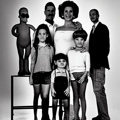 Image similar to symmetrical human 1 9 9 0 s family portrait of the simpsons, grainy high contrast black and white photography photo print ilford warm tone, high definition studio photograph