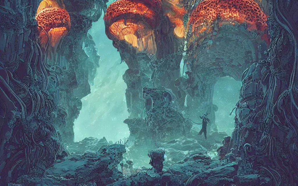 Prompt: a beautiful ultradetailed comic cover art of a gigantic carved stone-arched ancient portal to cosmic nebulae, with glowing jellyfish creatures flying around, by Laurie Greasley and Peter Mohrbacher and Quentine Mabilles and Dan Mumford, tarot card art, detailed, cyberpunk, dramatic lighting