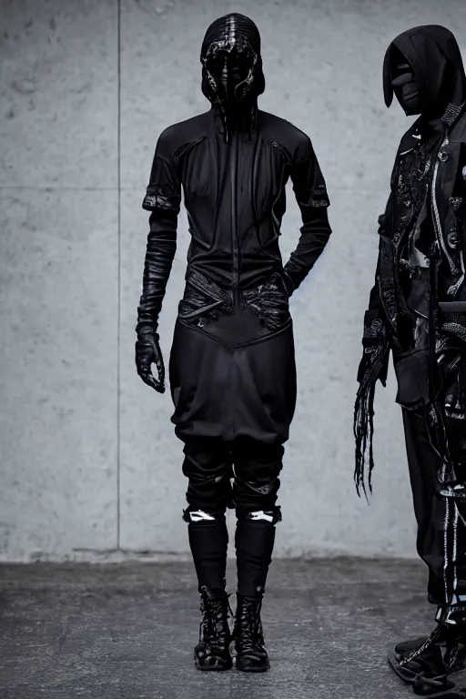 Image similar to goth techwear look and clothes, we can see them from feet to head, highly detailed and intricate, hypermaximalist, futuristic, luxury, Rick Owens, Errolson Hugh, Yohji Yamamoto, Y3, ACRNYM, cinematic outfit photo