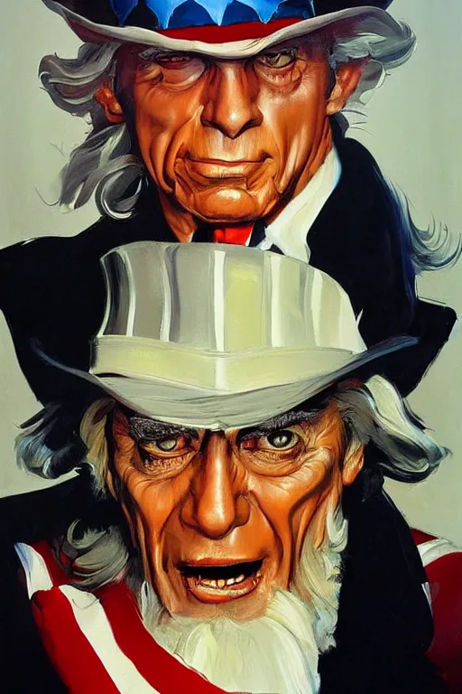 Image similar to expressive exaggerated portait painting of uncle sam, alex ross!!!, phil hale!!!!, visible brush strokes, graphic,'action lines '!!!!, striking, sharp, hd image