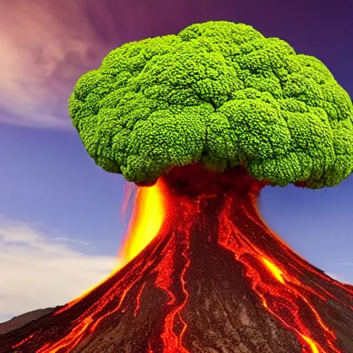 Image similar to A volcanic eruption where instead of lava, broccoli pieces are spied out, fantasy art