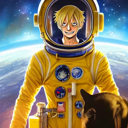 Image similar to sanji in a astronaut suit and sanji, black tuxedo, intricate, sanji, highly detailed, digital painting, artstation, concept art, smooth, sharp focus, illustration, sanji, unreal engine 5, 8 k, art by artgerm and greg rutkowski and alphonse mucha