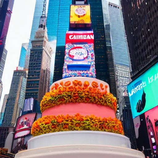 Image similar to 5 0 ft high birthday cake in the middle of times square, canon eos r 3, iso 2 0 0, 1 / 1 6 0 s, 8 k, raw, unedited, symmetrical balance, in - frame