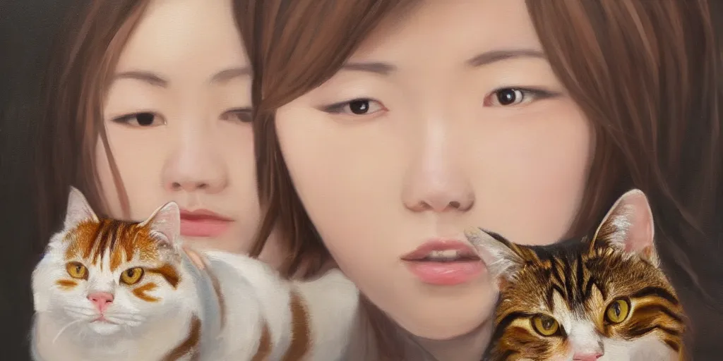 Prompt: a Japanese girl with a brown and white tabby cat , cinematic lighting, detailed oil painting, hyperrealistic, 8k