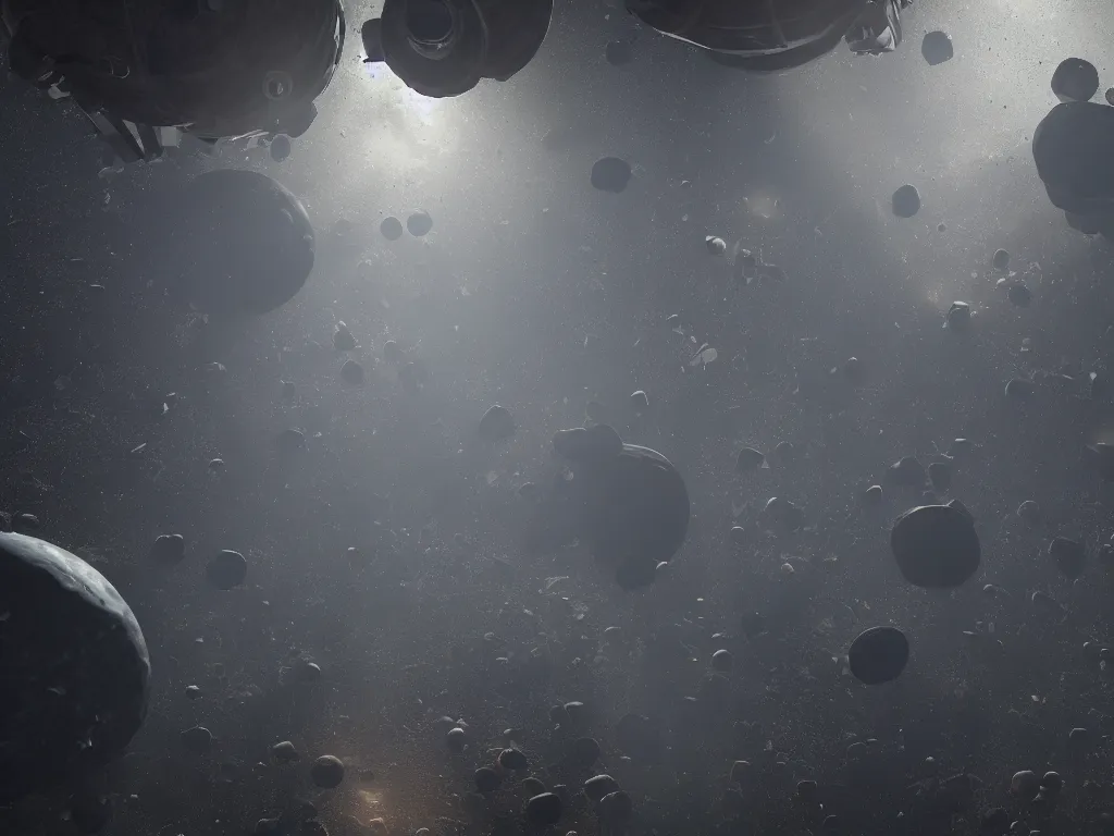 Image similar to beautiful view of sci fi space, asteroid belt. realistic render. high quality 8k 3d unreal engine 5. Overdetailed and maximalist.