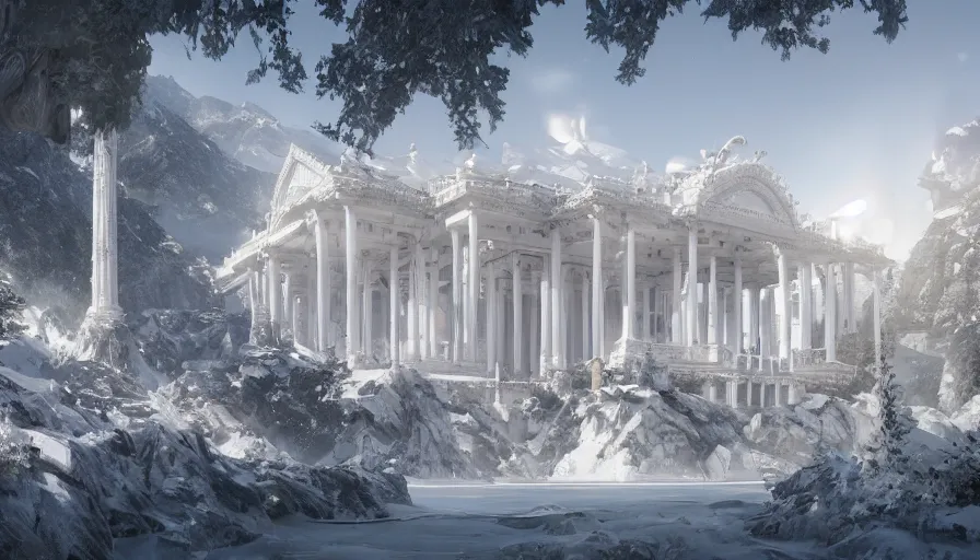 Prompt: Large bright white palace with columns and a large garden on a snowy mountain, hyperdetailed, artstation, cgsociety, 8k