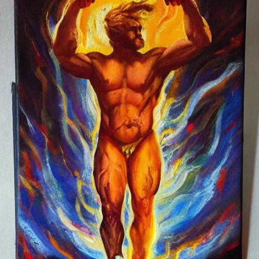 Prompt: an oil painting on canvas of a viking God with fist held high being struck by lightening. This lightening gives him strength and makes his aura glow