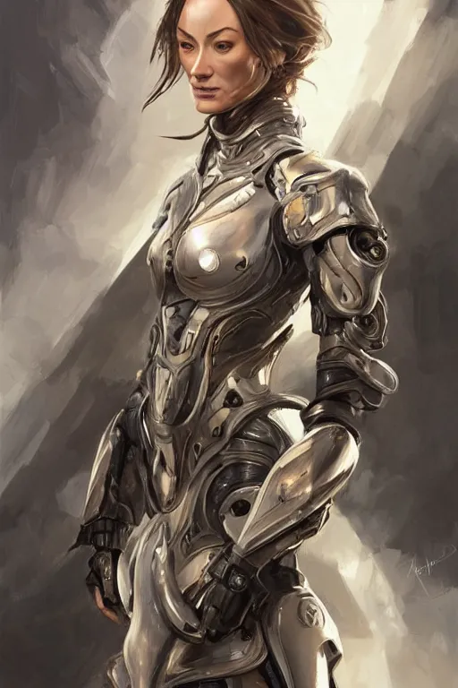 Image similar to a finely detailed portrait of Olivia Wilde, clothed in futuristic battle armor, olive skin, long dark hair, beautiful bone structure, symmetrical facial features, intricate, elegant, digital painting, trending on Artstation, concept art, smooth, sharp focus, illustration, from Metal Gear by Ruan Jia and Mandy Jurgens and Artgerm and and william-adolphe bouguerea, award winning