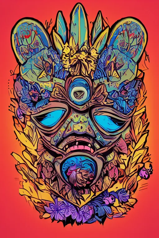 Image similar to animal mask totem roots flower tribal feather gemstone plant wood rock shaman vodoo video game vector cutout illustration vivid multicolor borderlands comics by josan gonzales and dan mumford radiating a glowing aura