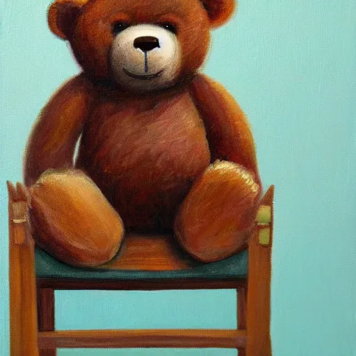Prompt: painting of a teddy bear sitting on a chair