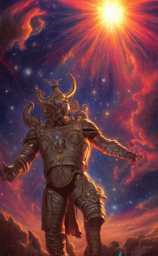 Prompt: a celestial cosmic god, in the armor of a thousand galaxies, dynamic lighting, fantasy concept art, trending on art station, stunning visuals, creative, cinematic, ultra detailed, ray tracing, sun rays, majestic, tim hildebrandt