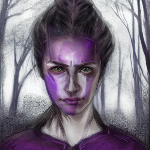 Prompt: head and shoulders portrait of a female knight with a worried expression, scars under her grey eyes. sad and tired eyes, broken neclace. background forest, very dark! a few thin violet light rays behind her. high detail, artstation top ten, photo in the style of bruce gilden