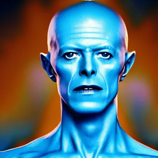 Prompt: film still of David Bowie as Dr. Manhattan in Watchmen, 4k