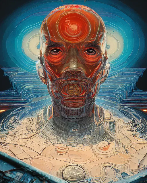 Image similar to portrait of a jupiter man. intricate abstract. intricate artwork. by tooth wu, wlop, beeple, dan mumford. trending on artstation, greg rutkowski very coherent symmetrical artwork. cinematic, hyper realism, high detail, octane render, 8 k, iridescent accents