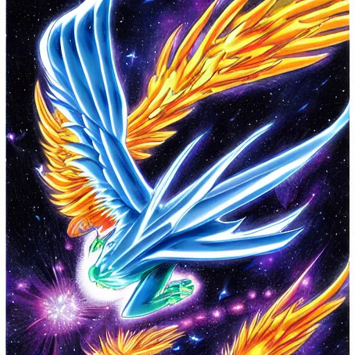 Prompt: a cosmic phoenix, wings spread, soaring through the cosmos by yusuke murata