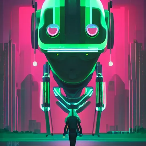 Image similar to a graph - style woman walking across a lush green field, a huge robot head in front of her, cyberpunk art by by james gilleard, cgsociety, retrofuturism, synthwave, retrowave, outrun