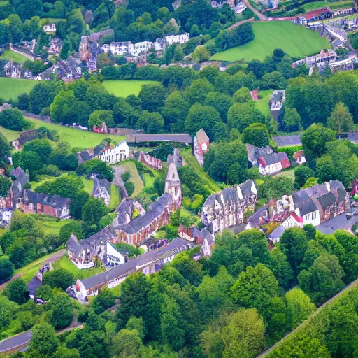 Image similar to beautiful aerial view of a small british town surrounded by a forest