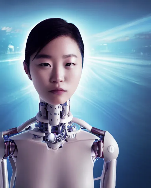 Prompt: beautiful centered photo portrait of hoyeon jung as a solarpunk robotic humanoid with white mechanical parts with bright halogen lights, treading on calm water, reflection on water, ultra - realistic and detailed, sun lit, white background, bokeh, soft focus, slow exposure hdr 8 k