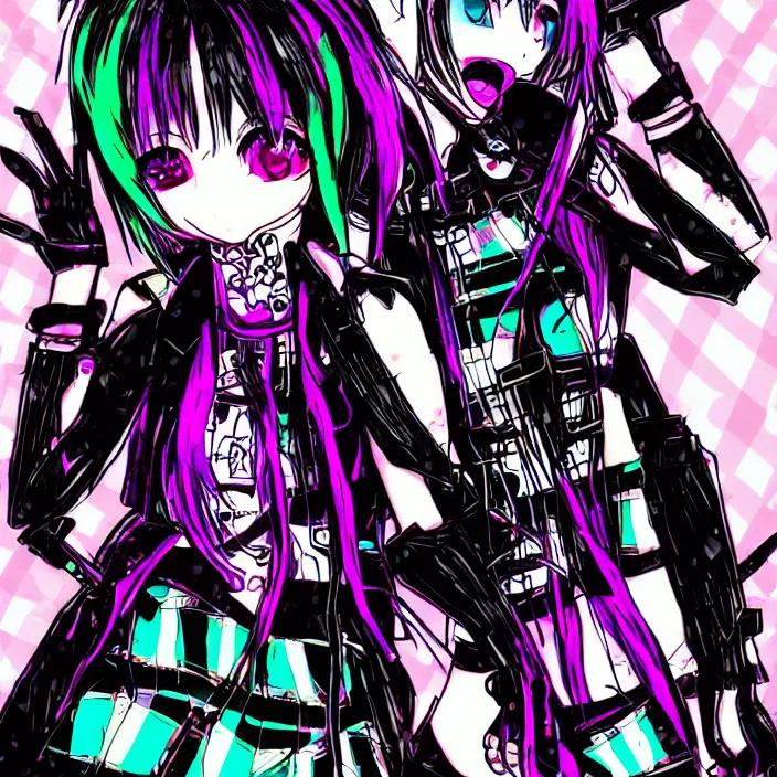 Image similar to maximalist emo anime girl, cybergoth, rainbowcore, vhs monster high, glitchcore witchcore, checkered spiked hair, pixiv