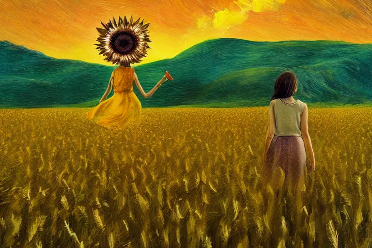 Image similar to giant sunflower as a head, girl walking in wheat field, hills, surreal photography, dark night, star trails, dramatic light, impressionist painting, clouds, digital painting, artstation, simon stalenhag