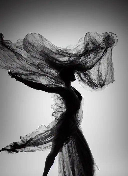 Image similar to a Photorealistic dramatic hyperrealistic render of a glamorous beautiful Female smoke dancer by Ken Brower and Deborah Ory of NYC Dance project,Lois Greenfield,Flowing cloth and smoke,Beautiful dynamic dramatic dark moody lighting,volumetric,shadows,cinematic atmosphere,Octane render,8K