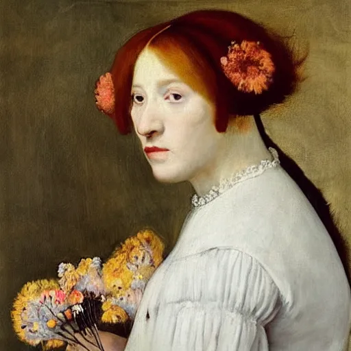 Image similar to “portrait of a redhair women with flowers over her head and a white dress, diego velazquez style, sharp focus, detailed”