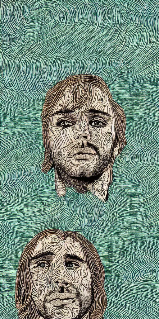 Prompt: eternal sunshine of the spotless mind, film grain, poster, style of 2d retro woodblock, layers of surreal geology, black fine lines on teal , stanley donwood, victo ngai, orthographic Wes Anderson