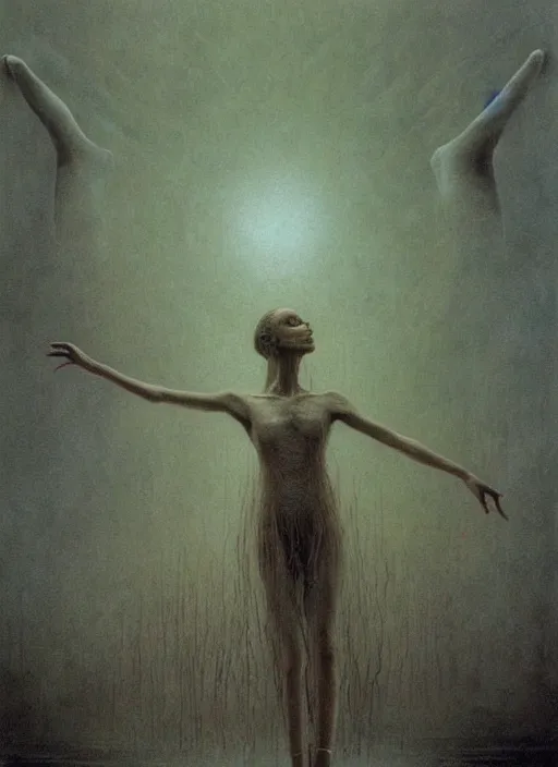 Image similar to the ballerina afterlife seen at the end of life, rapture painted by zdzislaw beksinski