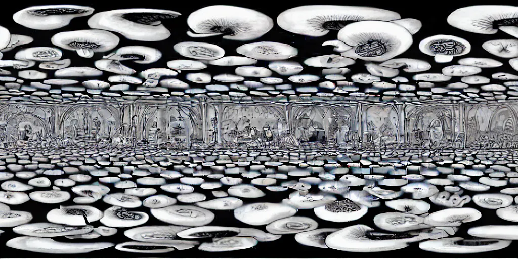 Image similar to 360 degree equirectangular black and white greyscale depth matte, anthropomorphic family of mushrooms, family portrait, Art Deco nature, mystical fantasy, Pixar cute character design, intricate art deco mushroom patterns, elegant, sharp focus, 360 degree equirectangular panorama, art by Artgerm and beeple and Greg Rutkowski and WLOP, 360 monoscopic equirectangular