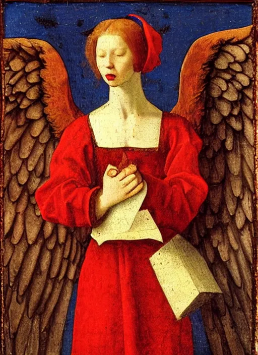 Prompt: Flying Fallen Angel with wings dressed in red, Medieval painting by Jan van Eyck, Johannes Vermeer, Florence