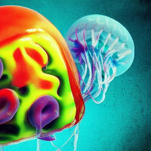 Image similar to hamburger mix jellyfish, cg, 8 k, surrealistic, sharp focus, style by andy warhol