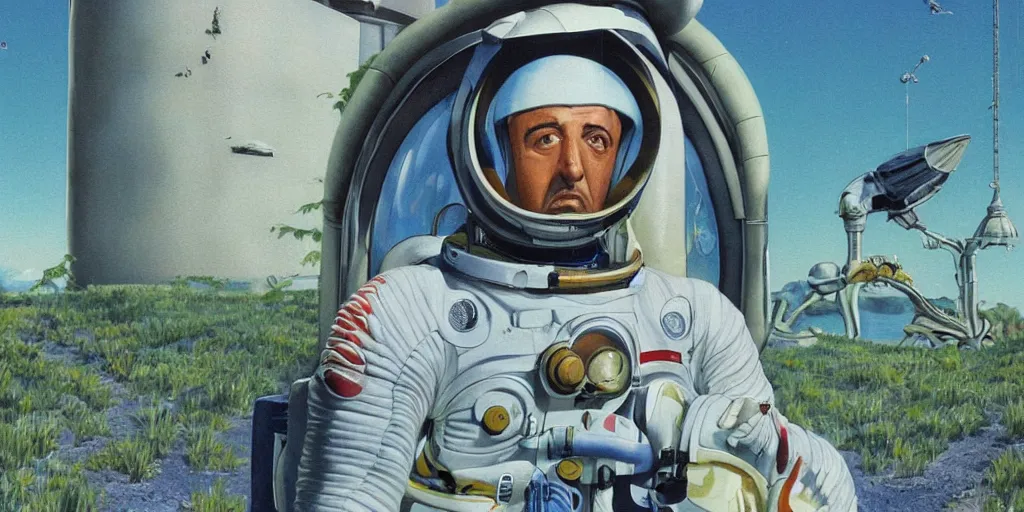 Image similar to a portrait of stallone in spacesuit on field forrest spaceship station landing laying lake artillery outer worlds in FANTASTIC PLANET La planète sauvage animation by René Laloux