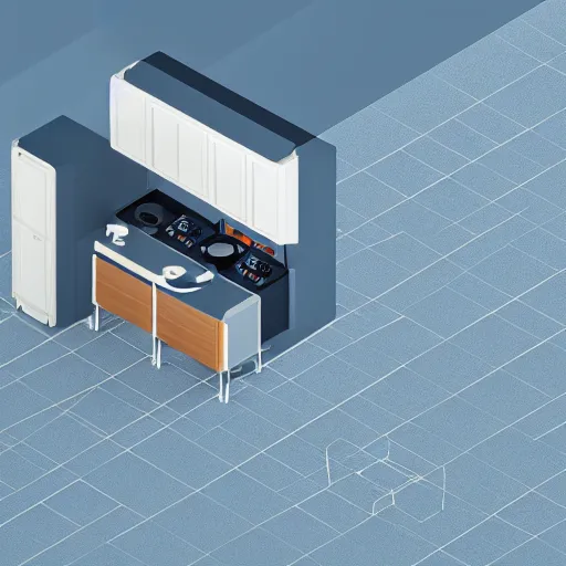 Prompt: isometric minimalistic chubby kitchen, cinema 4 d, 1 0 0 mm, blue color scheme depth of field, octane render, studio lighting