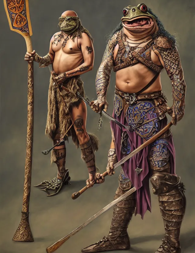 Image similar to anthropomorphic bipedal frog that is dressed as a medieval barbarian, and holding a giant club, as a matte oil painting, d & d character reveal, by alex grey, standing, fullbody, tattoos, piercings, knickknacks, mystic, concept art, award - winning, extremely detailed, sharp focus