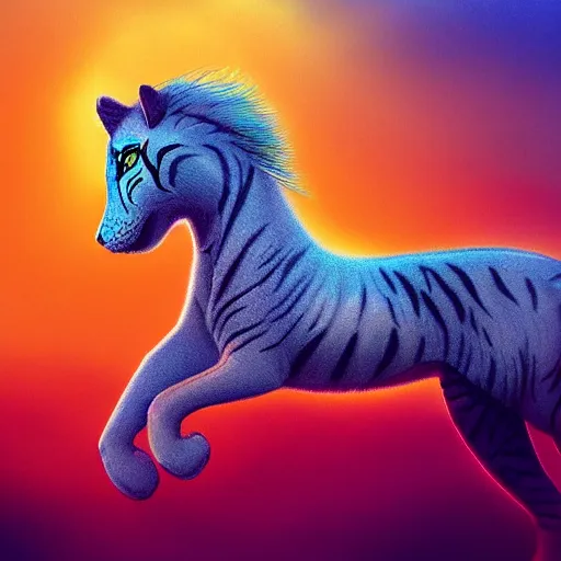 Image similar to tiger horse hybrid floating in the calm sky, trending in artstation, digital art, wow, stunning, high quality, 1 6 k, intrincate, very detailed, velvet fur