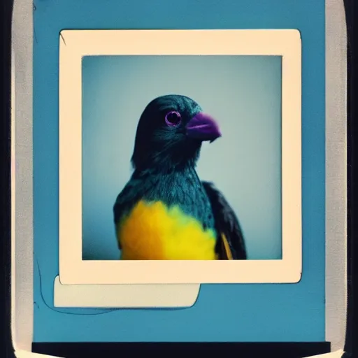 Prompt: medium-shot neat polaroid photo of a bird in a hoodie, 80s, colour, by Andy Warhol