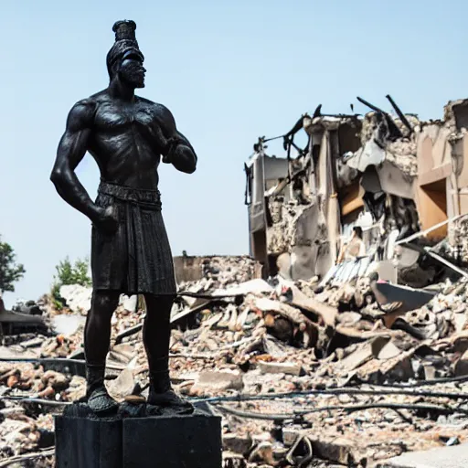 Image similar to statue of a warrior standing in the destroyed city