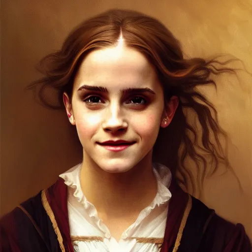 Image similar to Painting of Emma Watson as Hermione Granger. Smiling. Happy. Cheerful. Art by william adolphe bouguereau. During golden hour. Extremely detailed. Beautiful. 4K. Award winning.