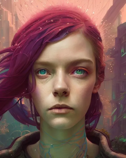 Image similar to highly detailed surreal vfx portrait of a postcyberpunk fairy, stephen bliss, unreal engine, greg rutkowski, loish, rhads, beeple, makoto shinkai and lois van baarle, ilya kuvshinov, rossdraws, tom bagshaw, alphonse mucha, global illumination, detailed and intricate environment