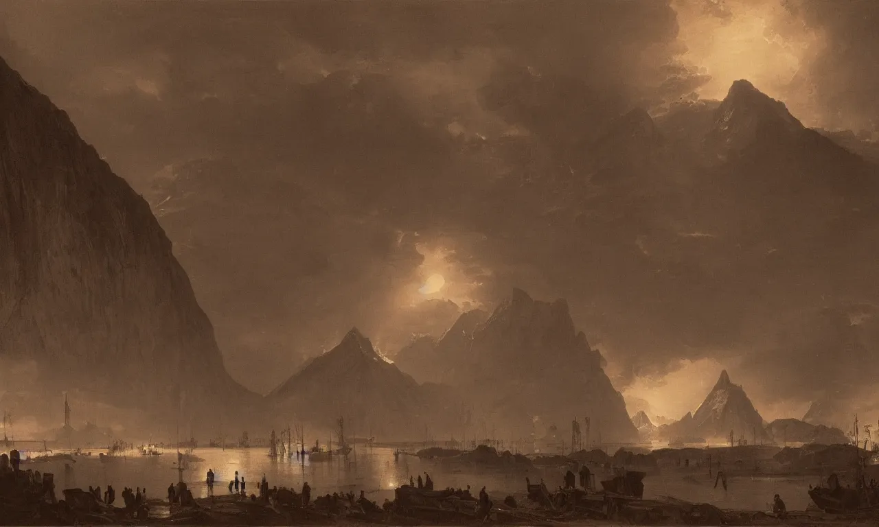Prompt: great hall under the mountain, in the far distance a red glow. andreas achenbach, zack snyder, tokujin yoshioka