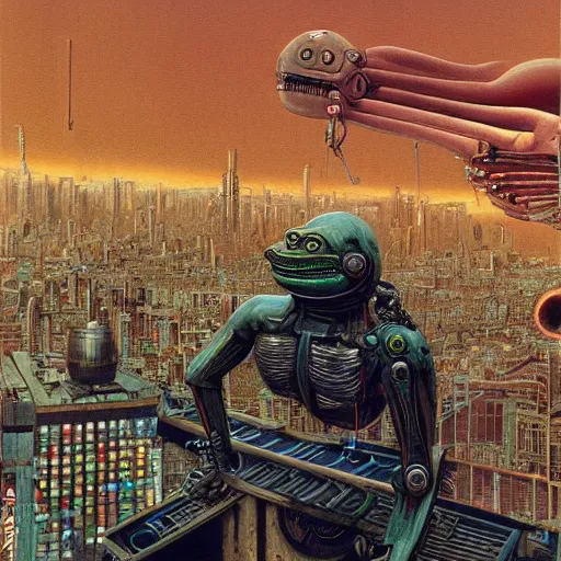 Prompt: a hyperrealistic painting of a cyberpunk city with cyborg pepe the frog fighting a mech. aliens watching from flying cars. westworld cinematic horror by chris cunningham, richard corben, highly detailed, vivid color, beksinski painting, part by hr giger, adrian ghenie and gerhard richter. art by takato yamamoto. masterpiece